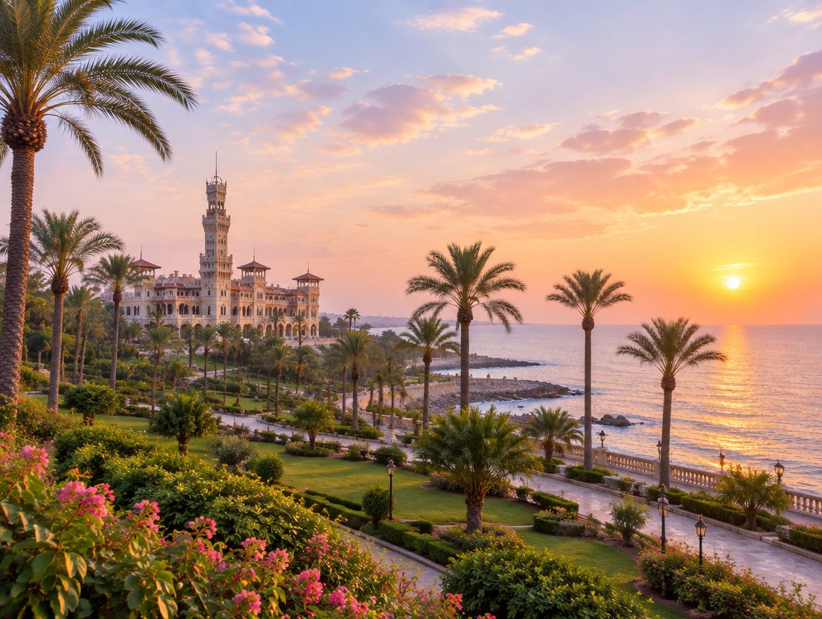Montaza Palace among palm trees and gardens as the sun sets over the sea